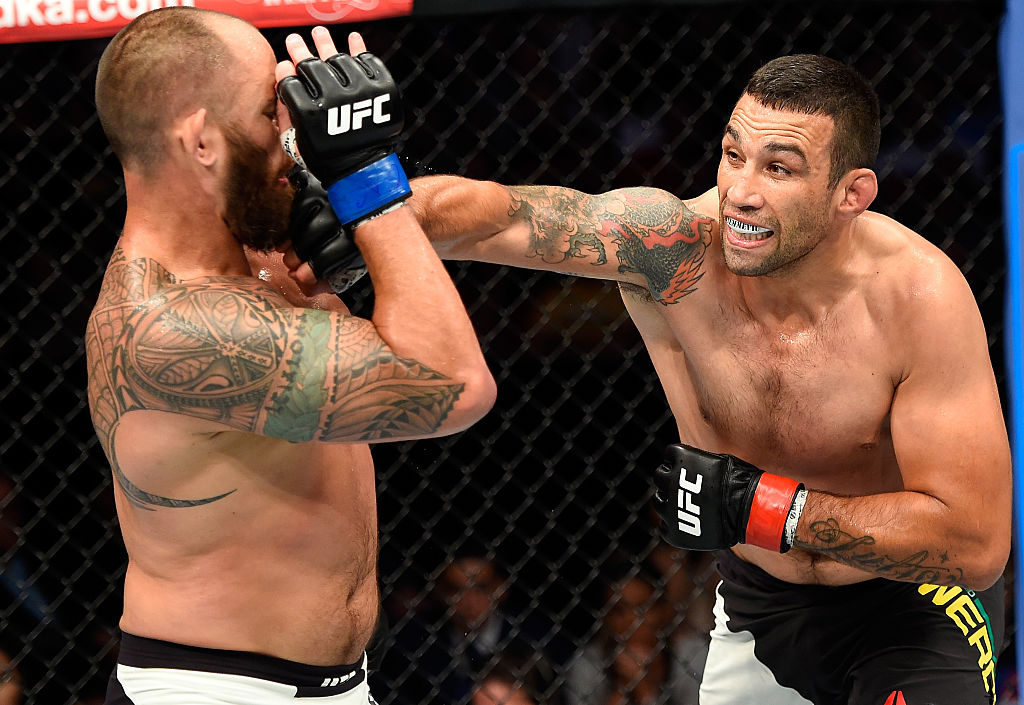 CLEVELAND, OH - SEPTEMBER 10: (R-L) Fabricio Werdum of Brazil punches Travis Browne in their heavyweight bout during the UFC 203 event at Quicken Loans Arena on September 10, 2016 in Cleveland, Ohio. (Photo by Josh Hedges/Zuffa LLC/Zuffa LLC via Getty Images)