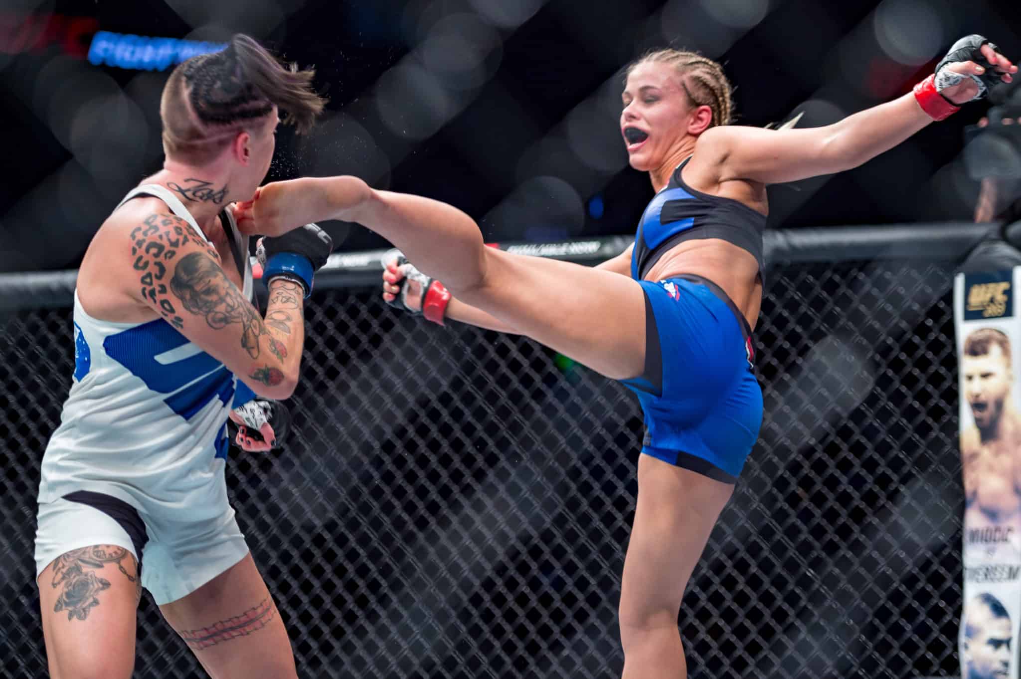 - AUGUST 27: Paige VanZant delivers the knockout kick to the jaw of Bec Raw...