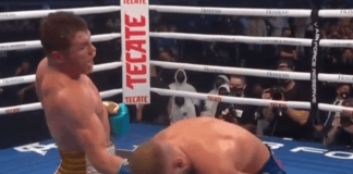 Canelo lands a vicious uppercut that shuts Saunders’s eyes completely.