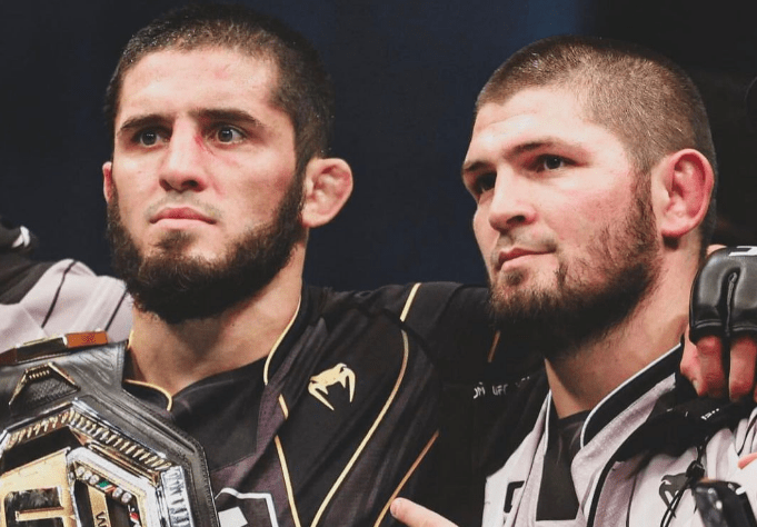 Khabib Nurmagomedov celebrates Islam Makhachev